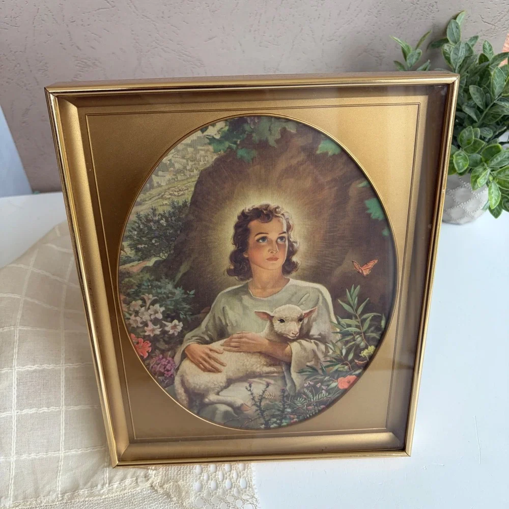 Vintage Jesus Good Shepherd Framed Lithograph Print Gold Tone Frame 8.5x10.5